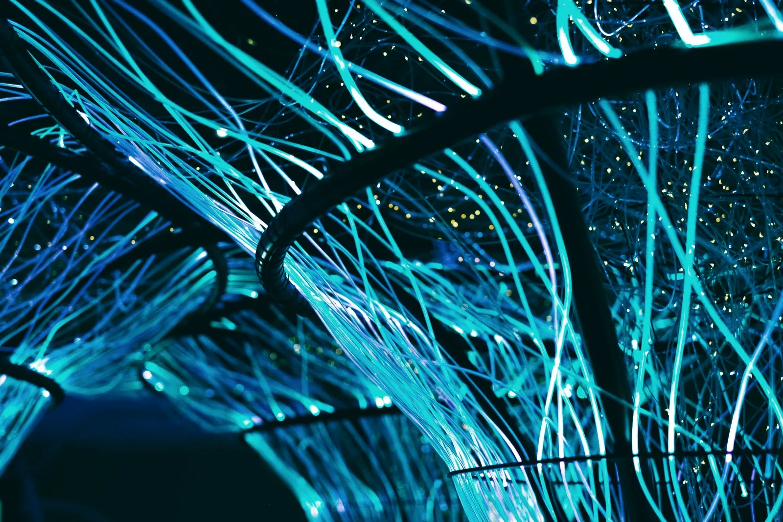 Abstract network of connected identity nodes over a dark grid, representing the exposed-identity surface a security team has to manage.